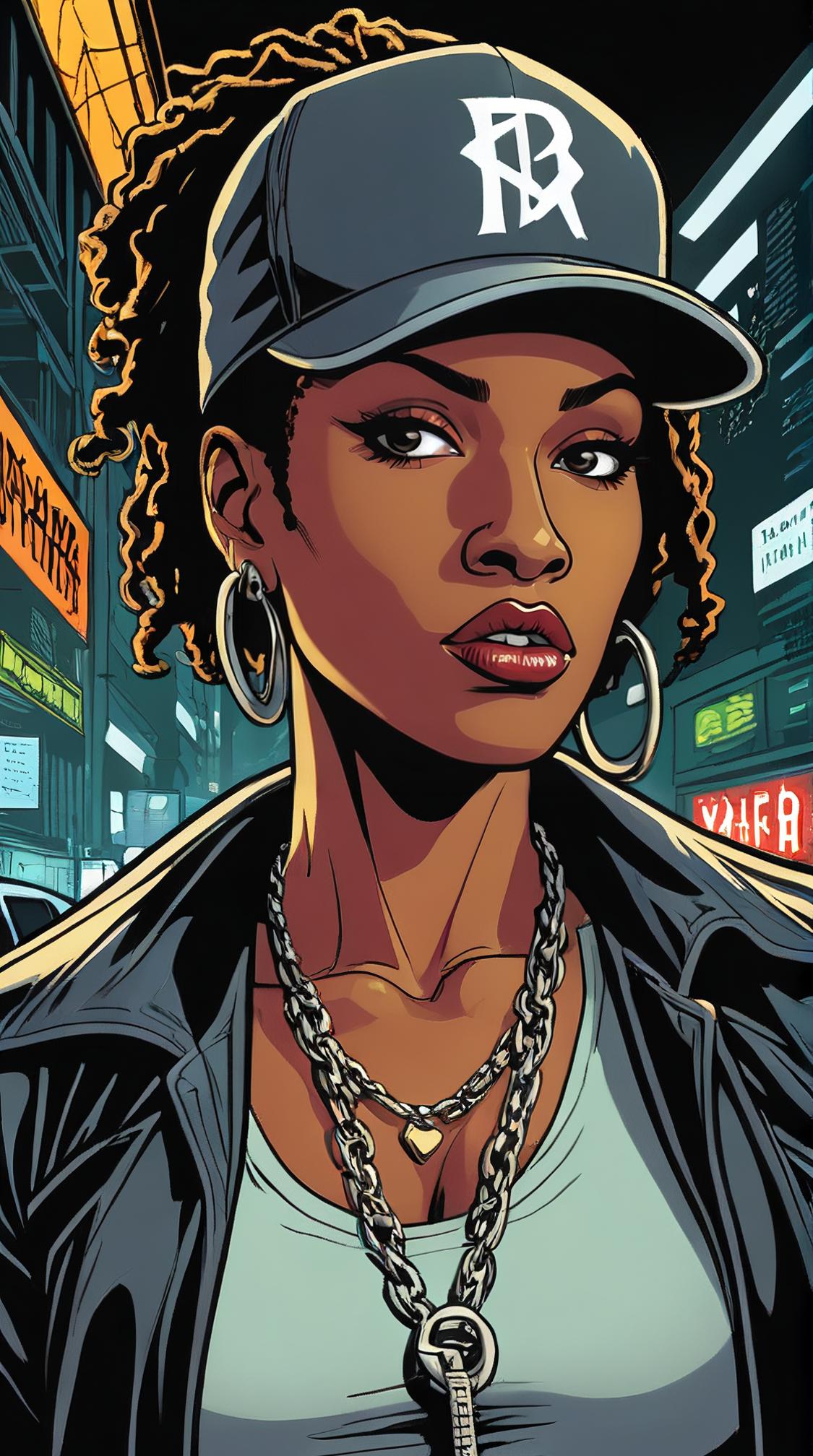 by Frank Miller Donato Giancola , High Tech Female Rapper , the Rapper is S, centered background