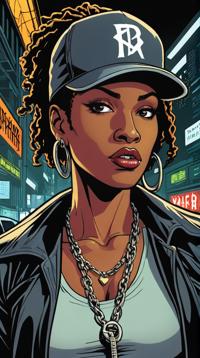 by Frank Miller Donato Giancola , High Tech Female Rapper , the Rapper is S, centered background