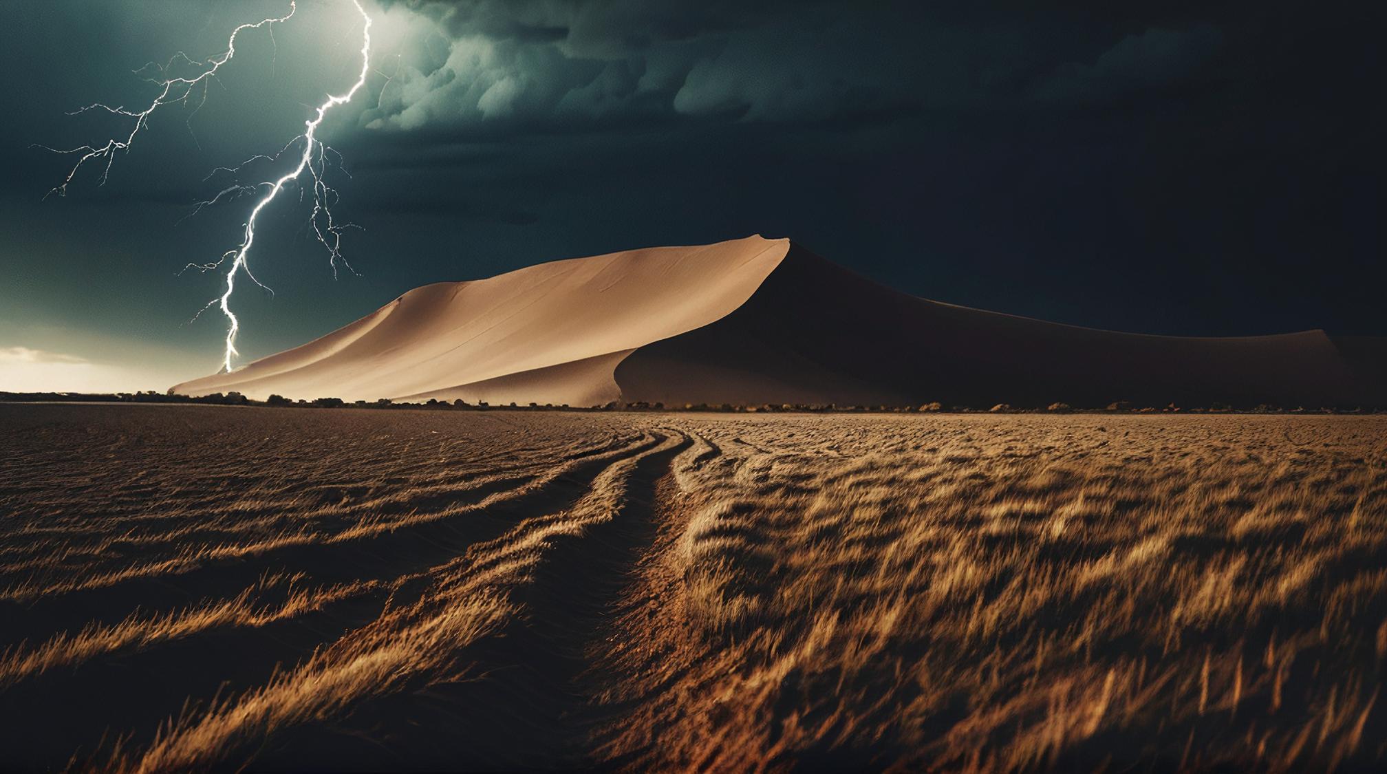 photograph, landscape of a Vile Alvar Plain Dune , at Accomplished indoors, Thunderstorm