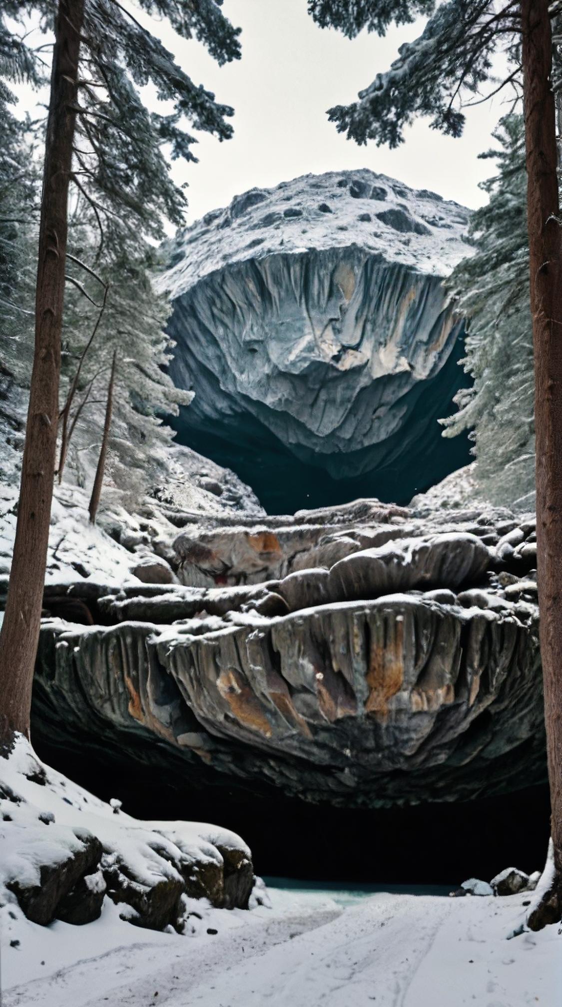 photograph, landscape of a Basic Asteroid Mining Colony and Kenyan Crystal cave, inside a trees, Snowy