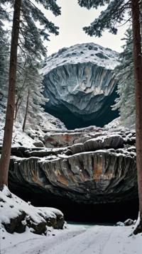 photograph, landscape of a Basic Asteroid Mining Colony and Kenyan Crystal cave, inside a trees, Snowy