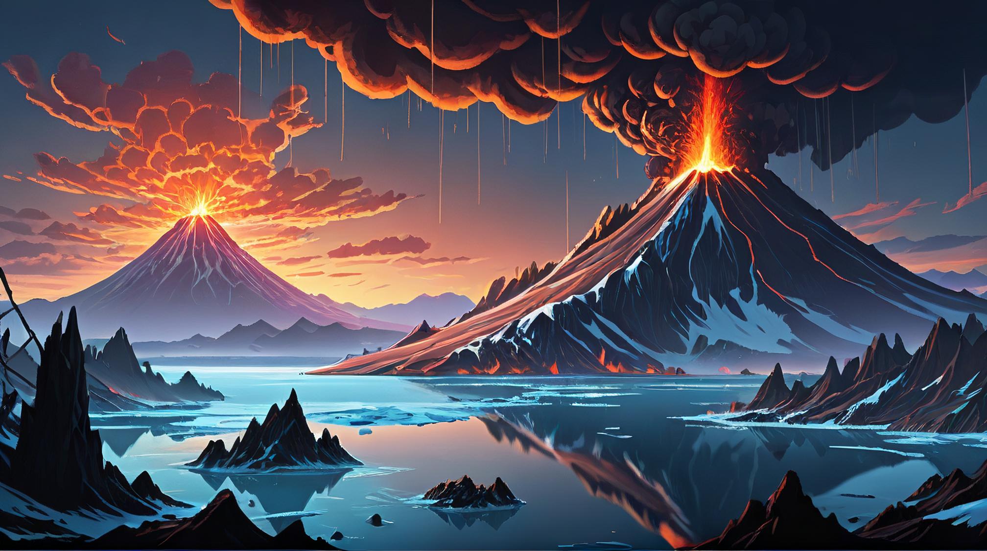 landscape of a Volcanic Islands, it is Hostile, Frost theme , Animecore