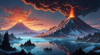 landscape of a Volcanic Islands, it is Hostile, Frost theme , Animecore