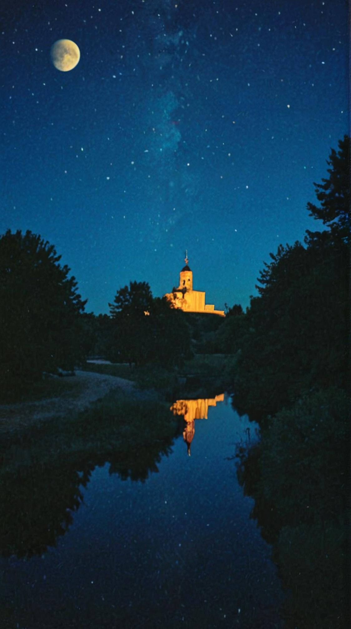 photograph, landscape of a S Starlit Sanctuary, intricate background, Moon in the night