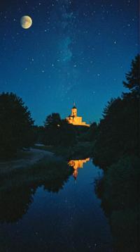 photograph, landscape of a S Starlit Sanctuary, intricate background, Moon in the night