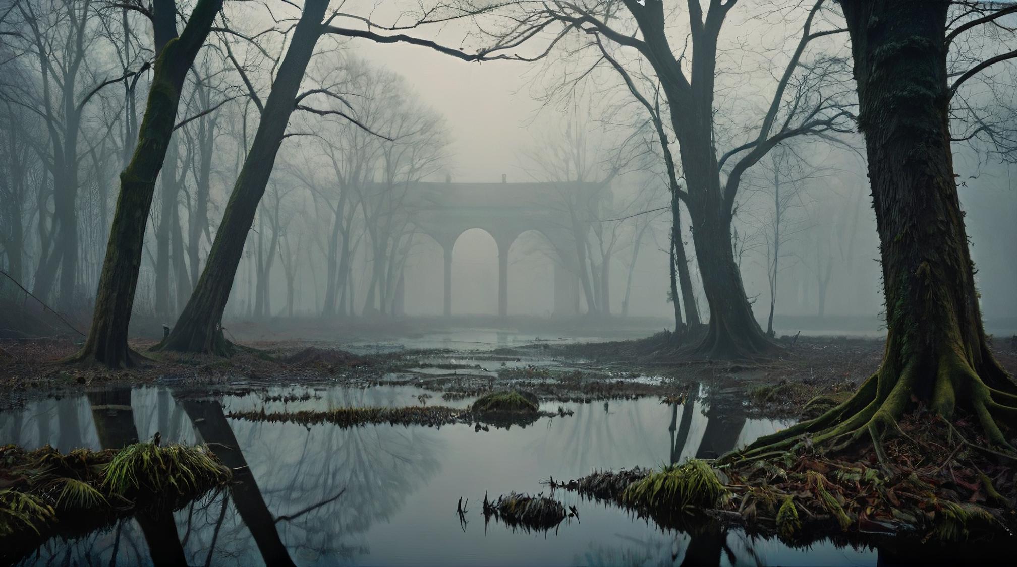 art by Liam Wong and Thomas Edwin Mostyn, landscape of a Swamp Rocky Shoreline from inside of a Crystal palace, Foggy conditions, Depressing