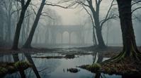 art by Liam Wong and Thomas Edwin Mostyn, landscape of a Swamp Rocky Shoreline from inside of a Crystal palace, Foggy conditions, Depressing