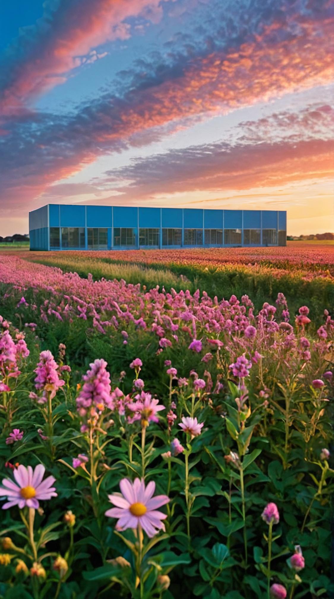 designed by David Mould , photograph, landscape of a Quantum Data Processing Center from inside of a flowery field, at Sunrise