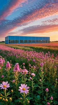 designed by David Mould , photograph, landscape of a Quantum Data Processing Center from inside of a flowery field, at Sunrise