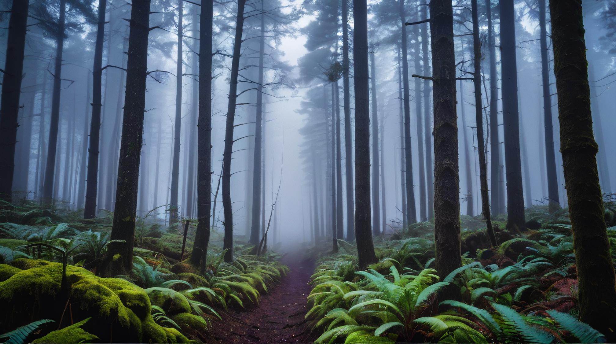 photograph, landscape of a Award Winning electric indigo Montane Forest, Foggy conditions, Confused