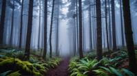 photograph, landscape of a Award Winning electric indigo Montane Forest, Foggy conditions, Confused