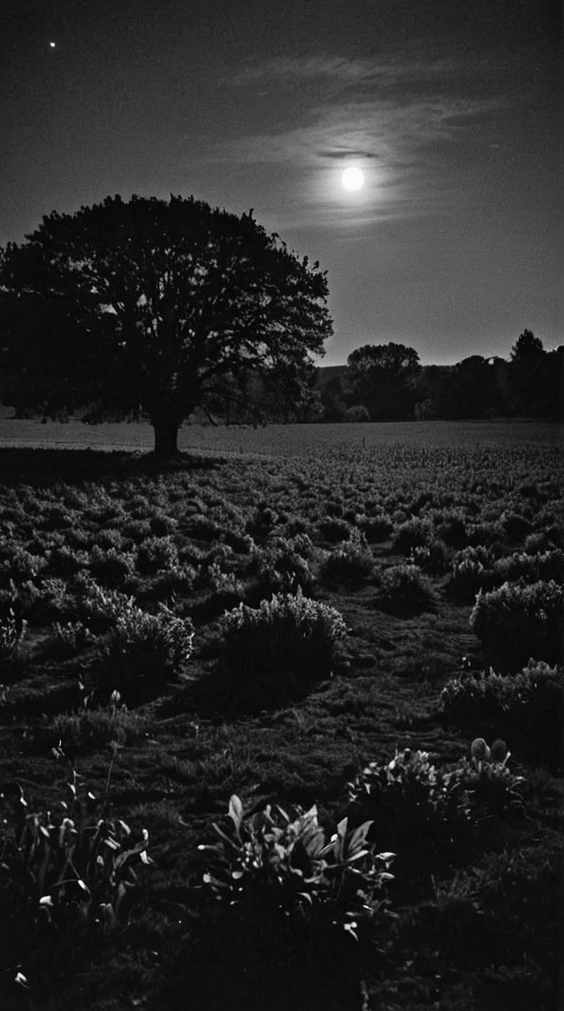 photograph, Peasant trees, landscape of a Vulgar Moonshadow Fields, at Nighttime