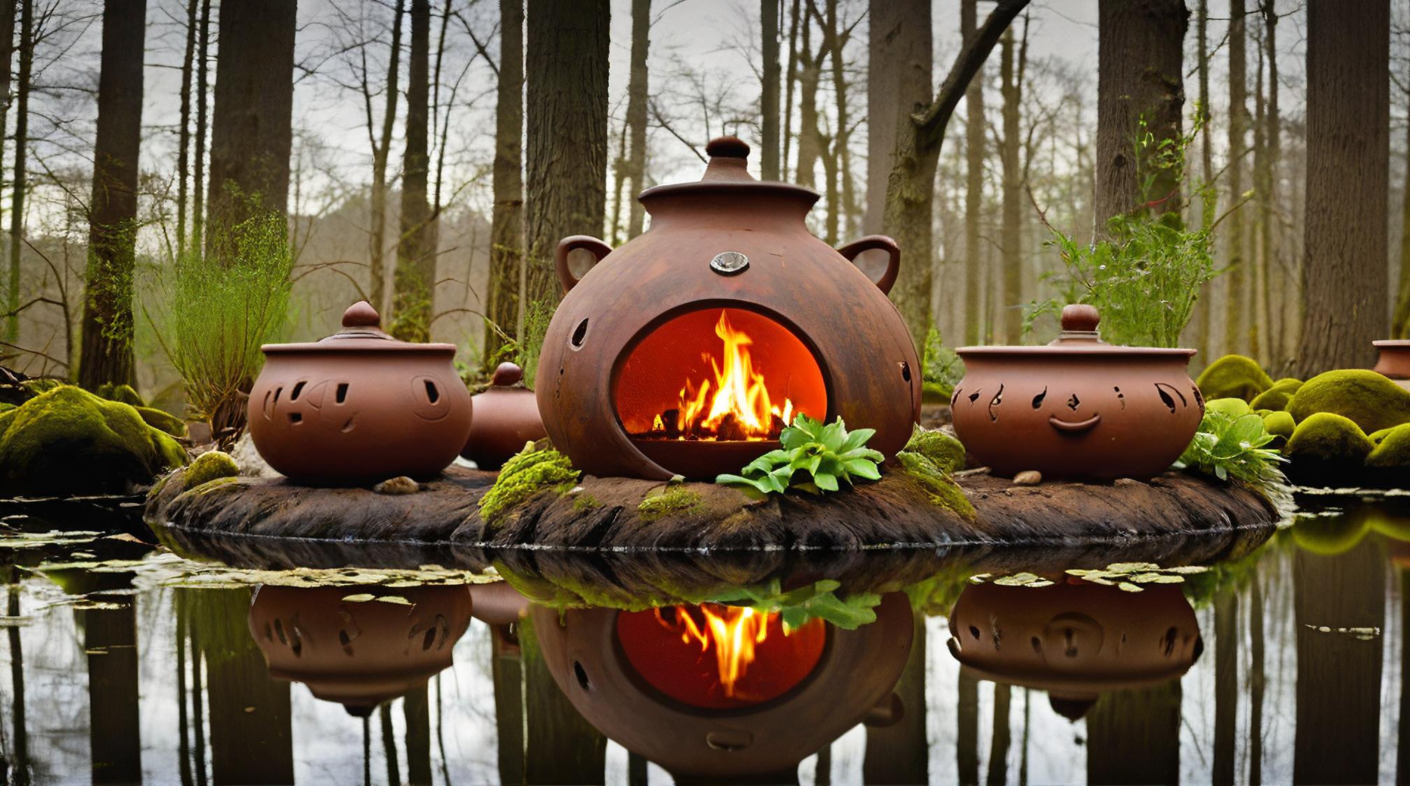 art by Alain Laboile Tatiana Hordiienko , photograph, landscape of a Eerie Emberwood Keep of the Fire Druids and Pots with plants, at Overcast