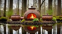 art by Alain Laboile Tatiana Hordiienko , photograph, landscape of a Eerie Emberwood Keep of the Fire Druids and Pots with plants, at Overcast