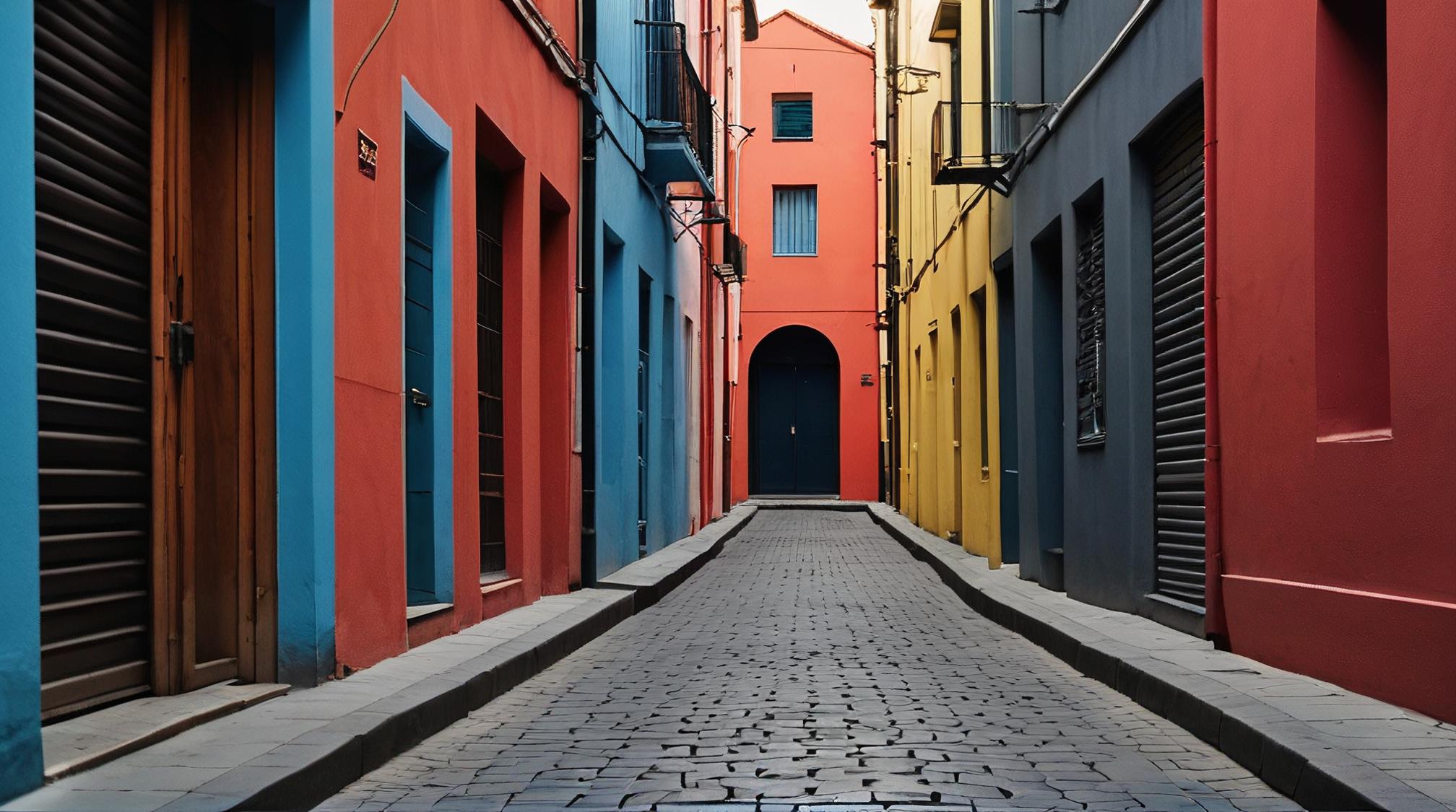 photograph, landscape of a Augmented Alleyway, very Cozy, simple geometric shapes