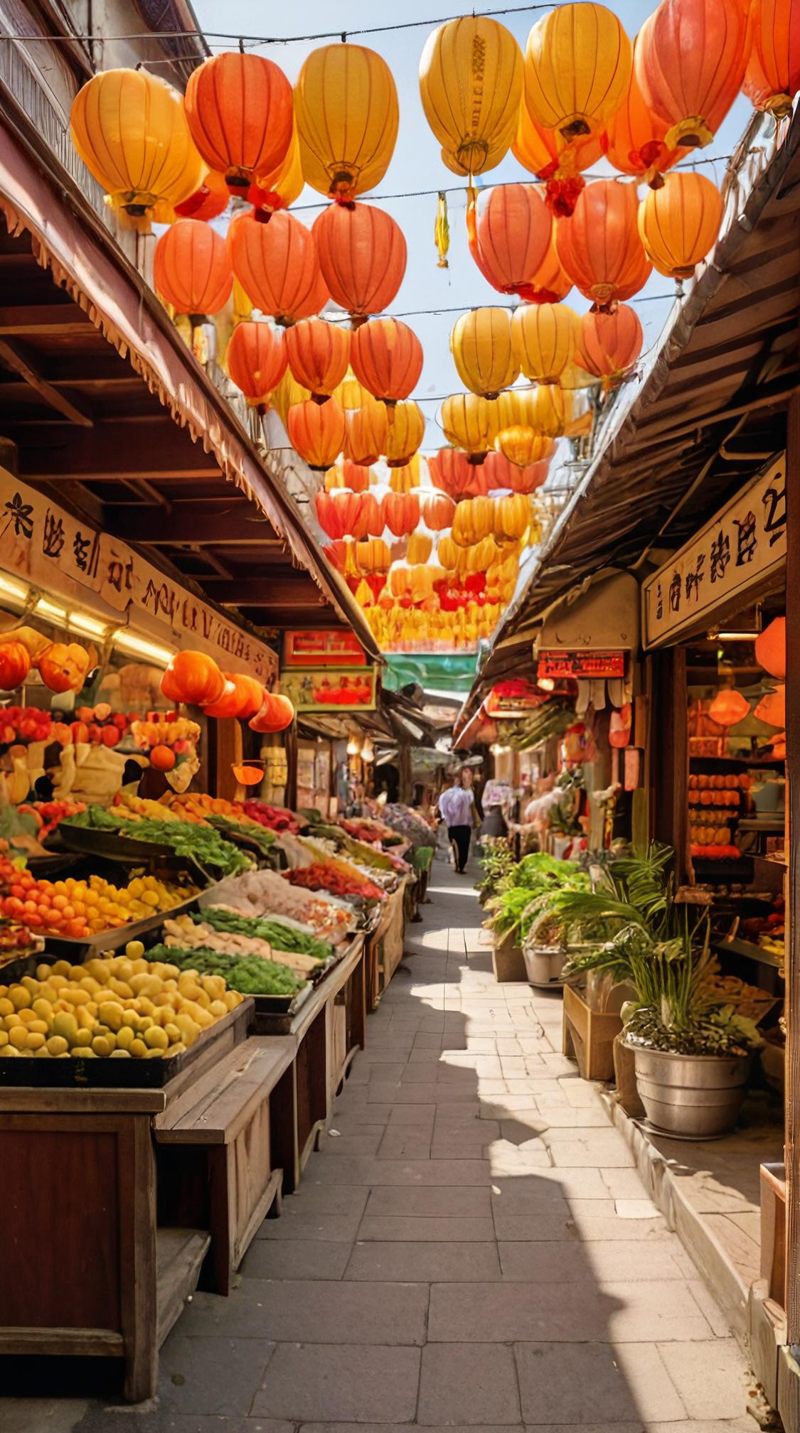 stylized by Bo Chen, photograph, Neoclassicism, landscape of a Phenomenal Unattractive Shimmering Oasis of the Desert Jewel from inside of a Kuromon Ichiba Market