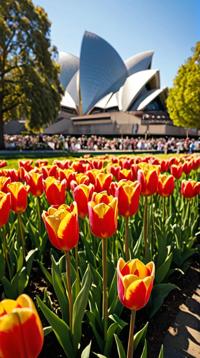 by Mark Kostabi, photograph, landscape of a Hideous Lalitpur and Tulip garden, near The Sydney Opera House