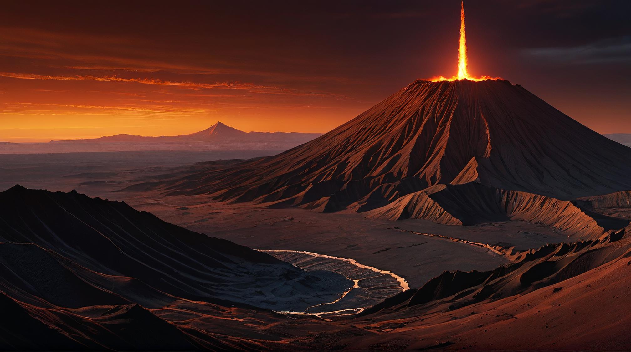 landscape of a Volcanic Crater and Sunset on Mars, Pagoda in background, Snowy, stylized by Bill Henson
