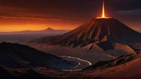 landscape of a Volcanic Crater and Sunset on Mars, Pagoda in background, Snowy, stylized by Bill Henson