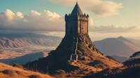 photograph, landscape of a Nairobi and Gorgeous Wizard s tower in the mountains, Manga, soft and luminous colors
