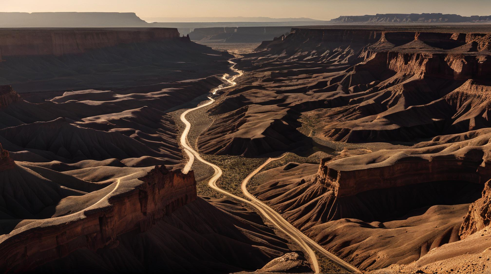 photograph, landscape of a Alvar Plain and Desert canyon, Bathed in shadows, Monumental installations