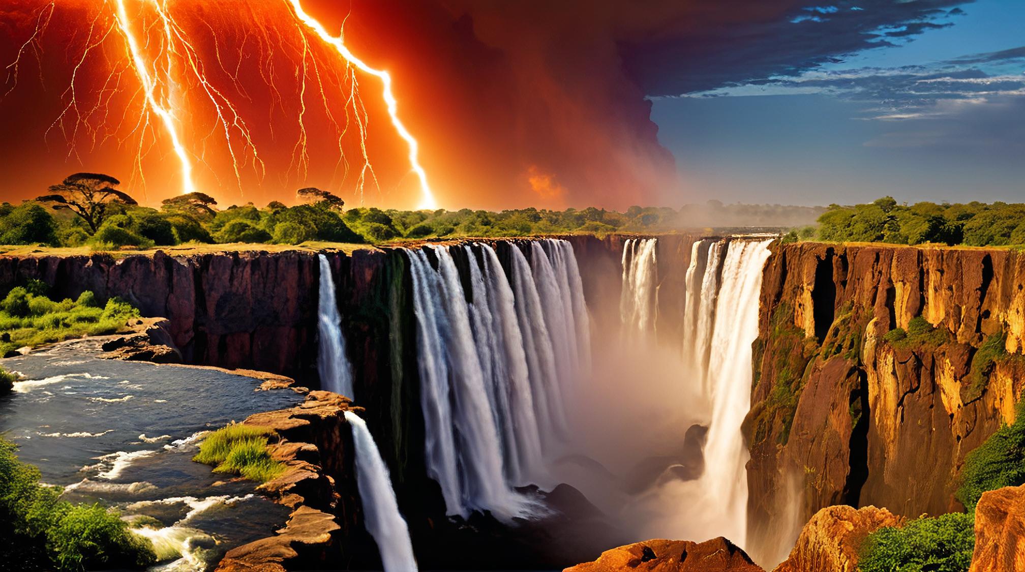 designed by Frederick Goodall , photograph, landscape of a Victoria Falls and Solar prominence, very Deserted and Surreal