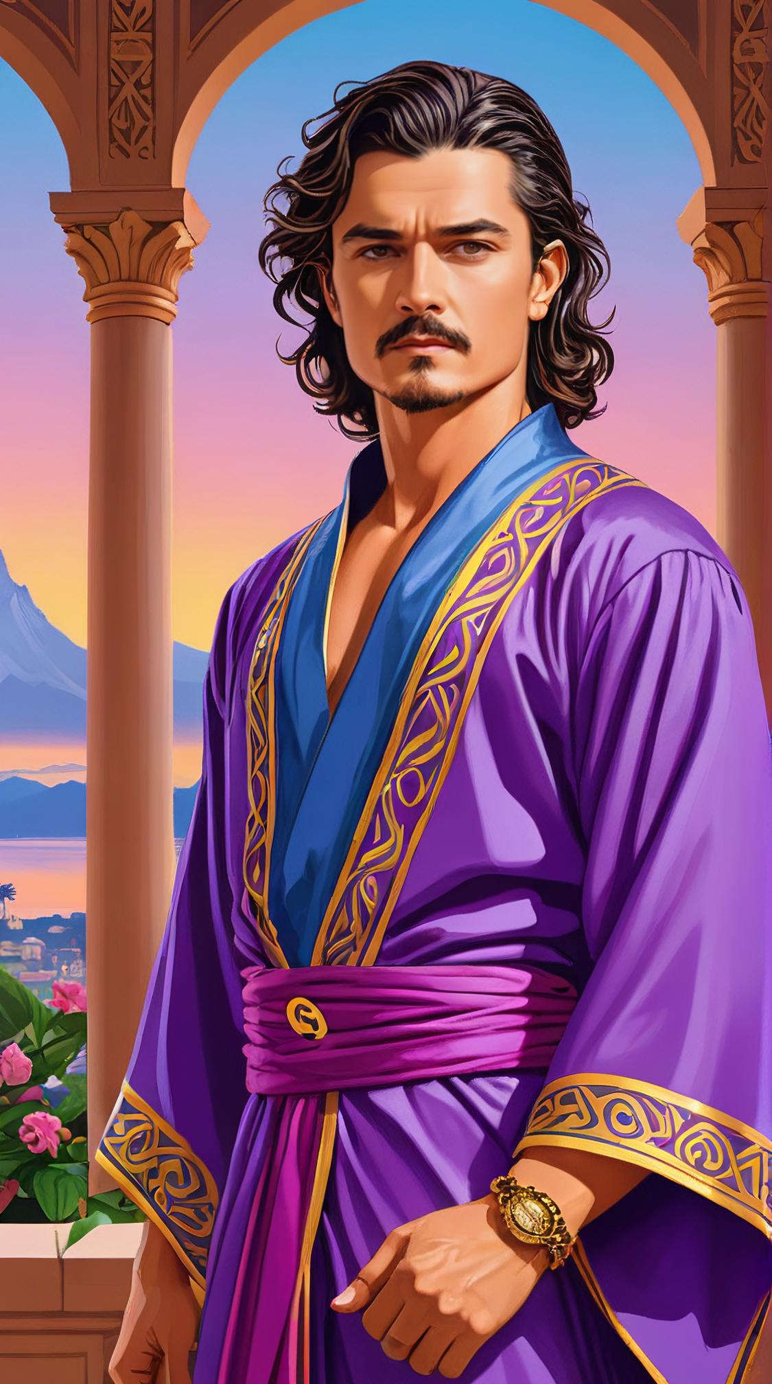 Concept art, Vector Art, wide shot of an athletic Orlando Bloom Naga of Justice , the Male is Nasty as a s anime character