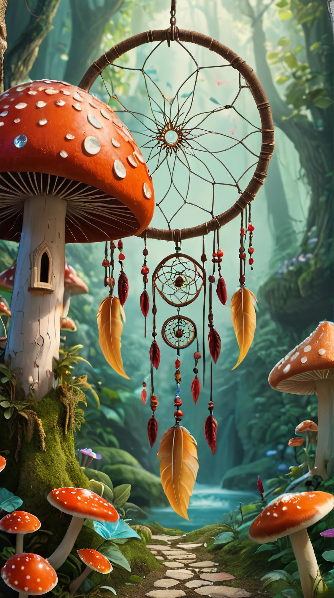 stylized by Didier Louren o , photograph, landscape of a Epic Crystal Haven and Dreamcatcher, inside of a Mushroom Kingdom