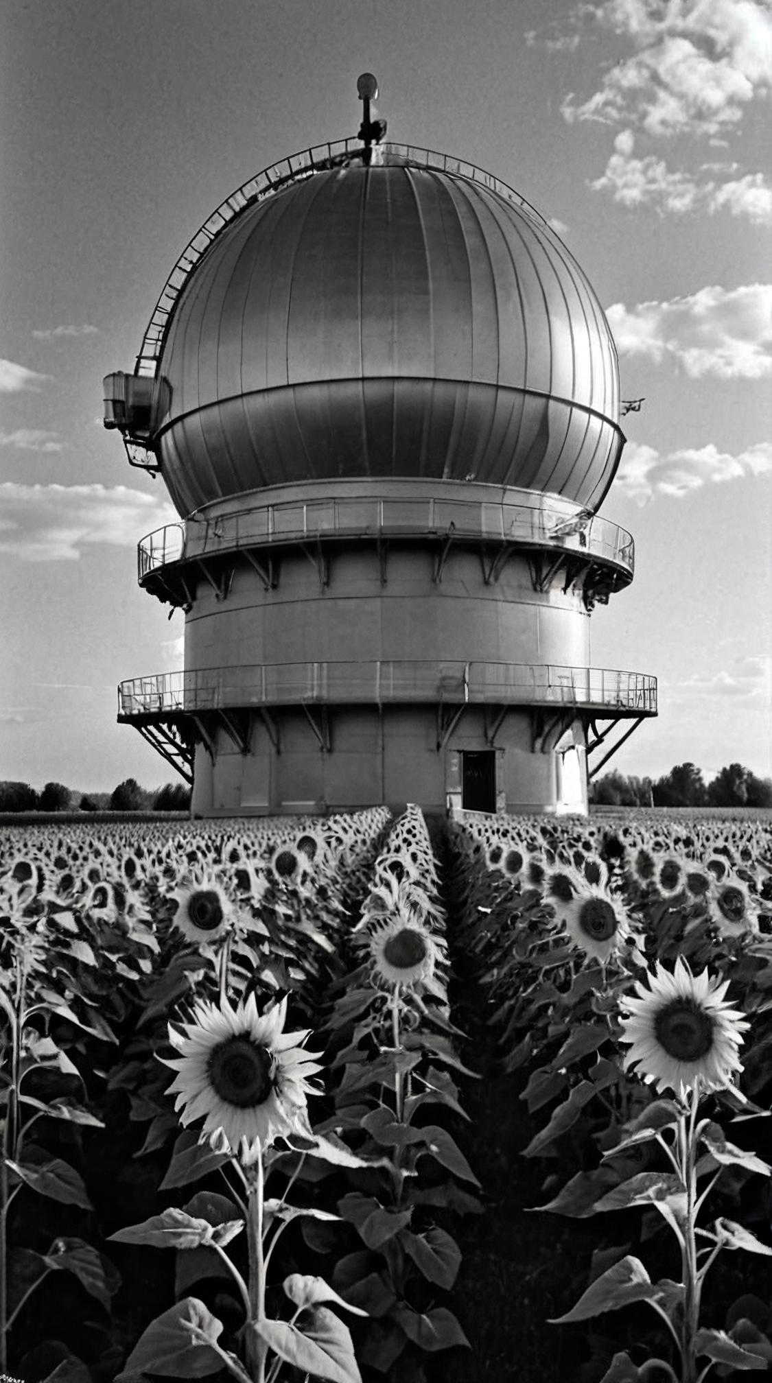 photograph, landscape of a Masterpiece Light Vostok Observatory and Unappealing Fields of sunflowers, detailed Grayscale background, back light