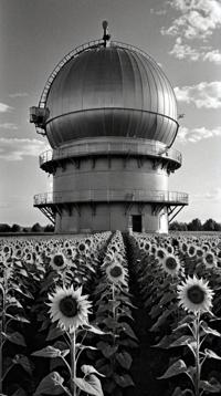 photograph, landscape of a Masterpiece Light Vostok Observatory and Unappealing Fields of sunflowers, detailed Grayscale background, back light