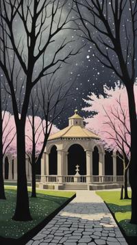 On pale black paper, landscape of a Tranquil Encrypted Plaza, Spring, Modern European Ink Painting