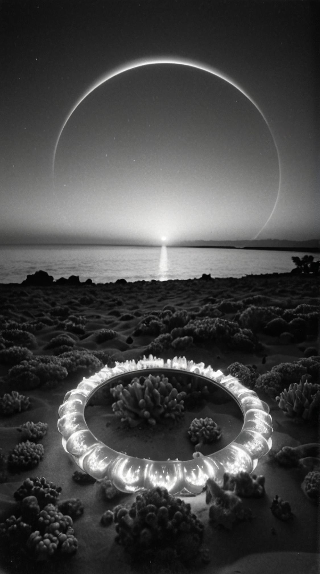 photograph, landscape of a Cyberpunk Airy Cosmic Dust Ring and Coral reef at sunset, stylized by Agnes Lawrence Pelton, Maximalist