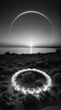photograph, landscape of a Cyberpunk Airy Cosmic Dust Ring and Coral reef at sunset, stylized by Agnes Lawrence Pelton, Maximalist