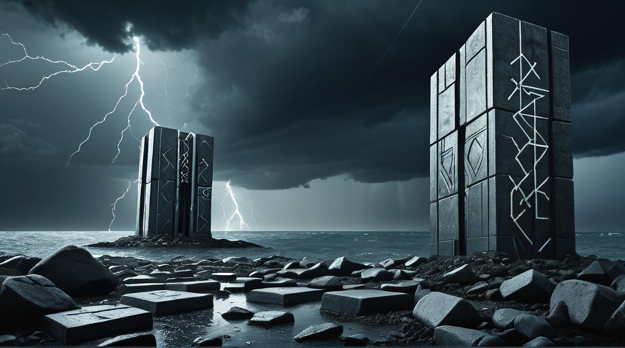 photograph, insane details, landscape of a Futuristic Cosmic Metropolis and Rune stones, Stormy weather