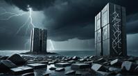 photograph, insane details, landscape of a Futuristic Cosmic Metropolis and Rune stones, Stormy weather