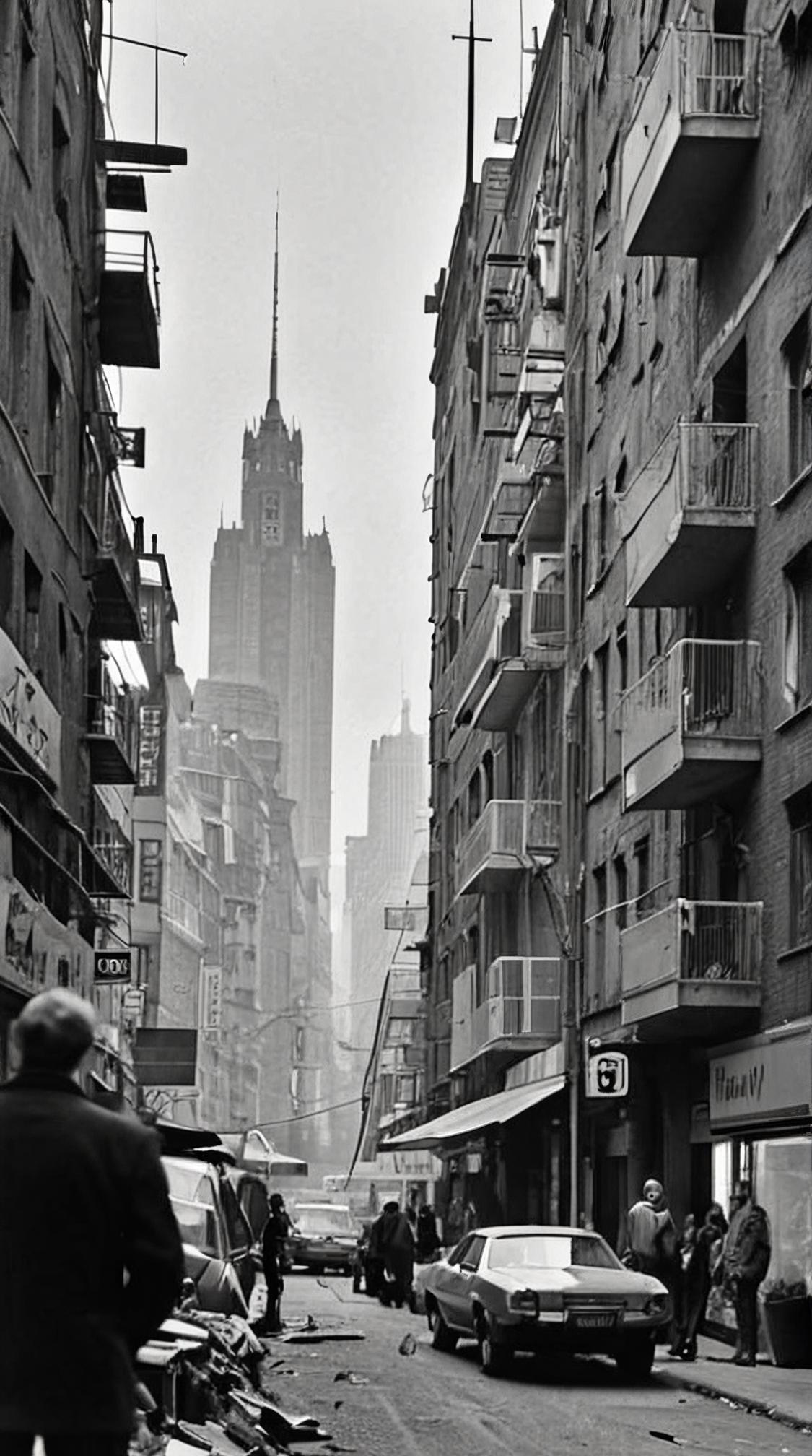 stylized by Klaus Wittmann, photograph, landscape of a Uptight Hacker Den and Authentic Dystopian cityscape, city street