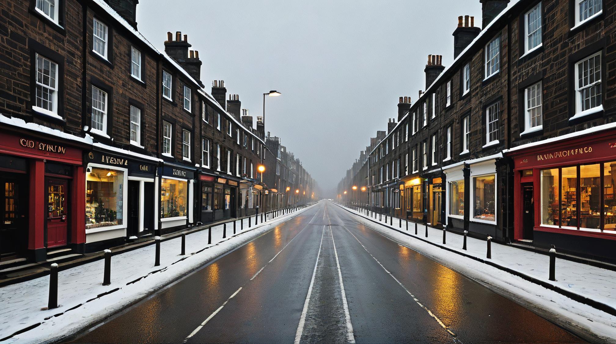 stylized by Fay Godwin, city street, landscape of a Highland , Snowing