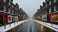 stylized by Fay Godwin, city street, landscape of a Highland , Snowing