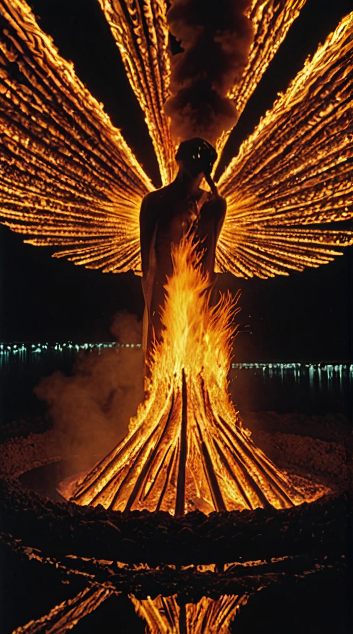 by Fred Tomaselli and William Klein , photograph, landscape of a Morbid Phoenix Pyre , inside a Solar power station
