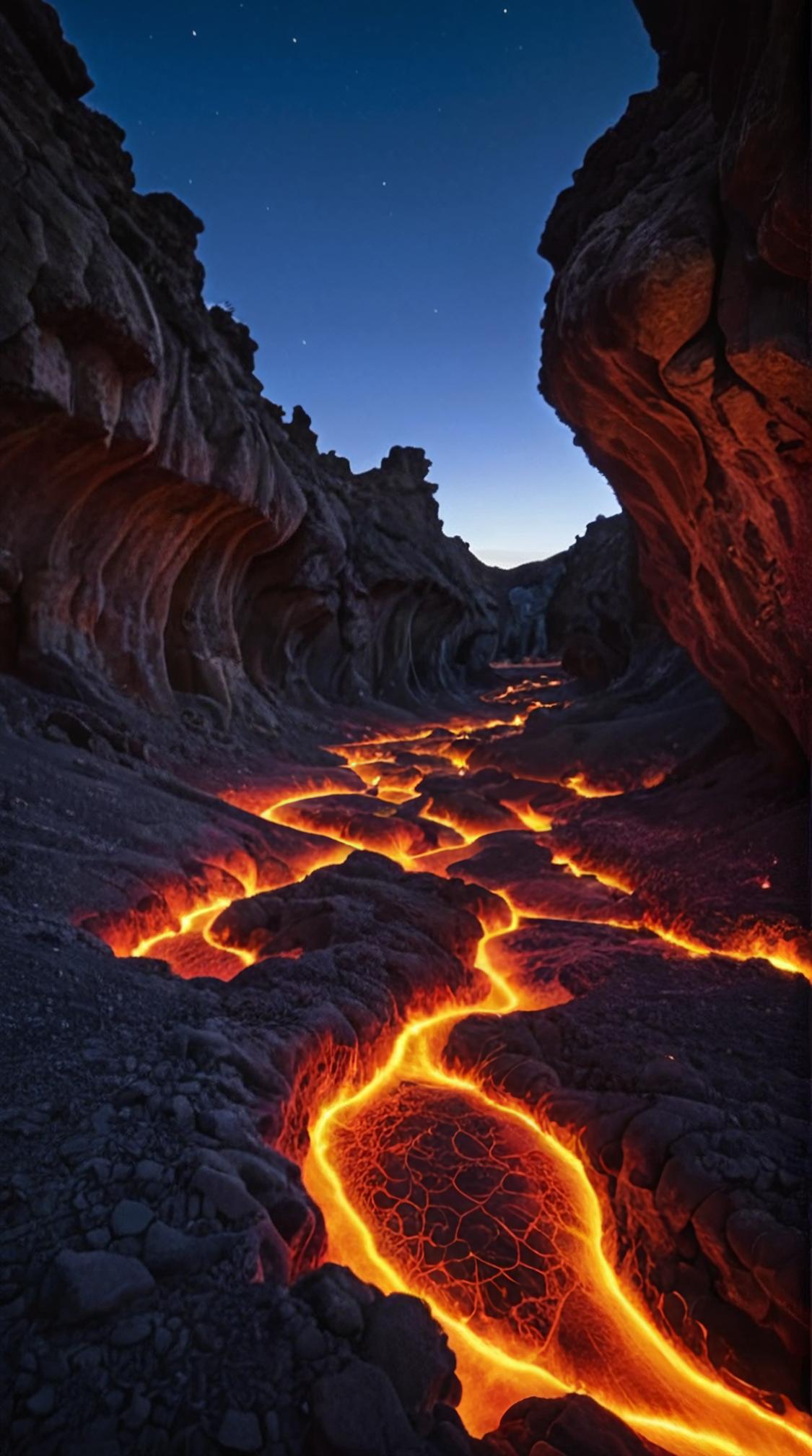 stylized by Gian Paolo Dulbecco and Pietro da Rimini, photograph, landscape of a Appealing Unappealing Starshadow Hamlet of the Night Spirits and Light Glowing lava tubes, at Blue hour