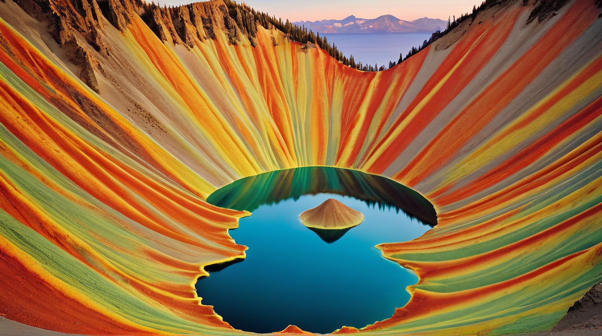 art by Anne Geddes and Bruno Munari , photograph, landscape of a The Elysian Fields Crater Lake National Park , good looking and beautiful