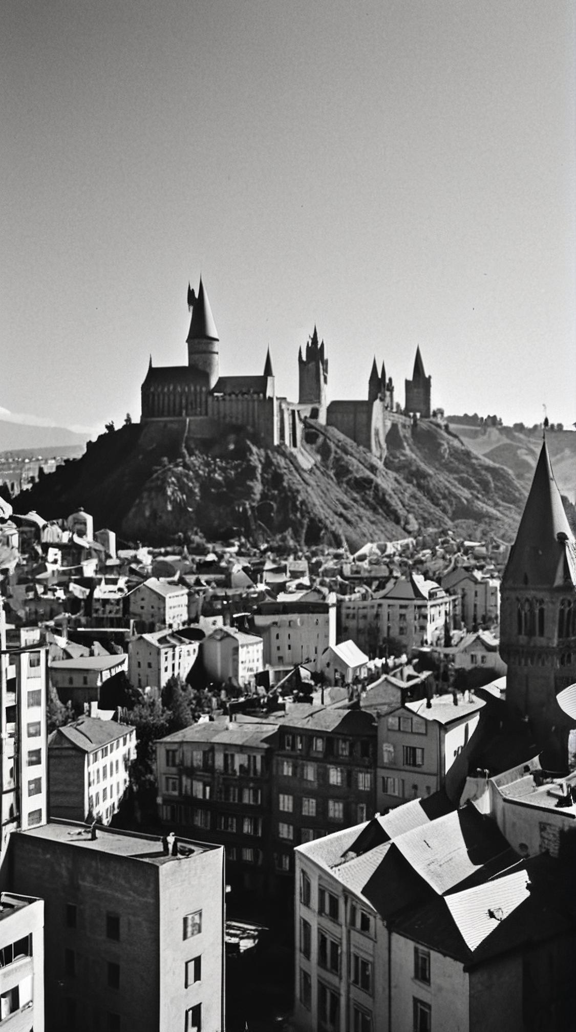 photograph, Cybergoth Art, landscape of a Radiantspire Town of the Sunlit Towers in the distance there is a Hogwarts School of Witchcraft and Wizardry, inside of a Weary Liquid Tbilisi