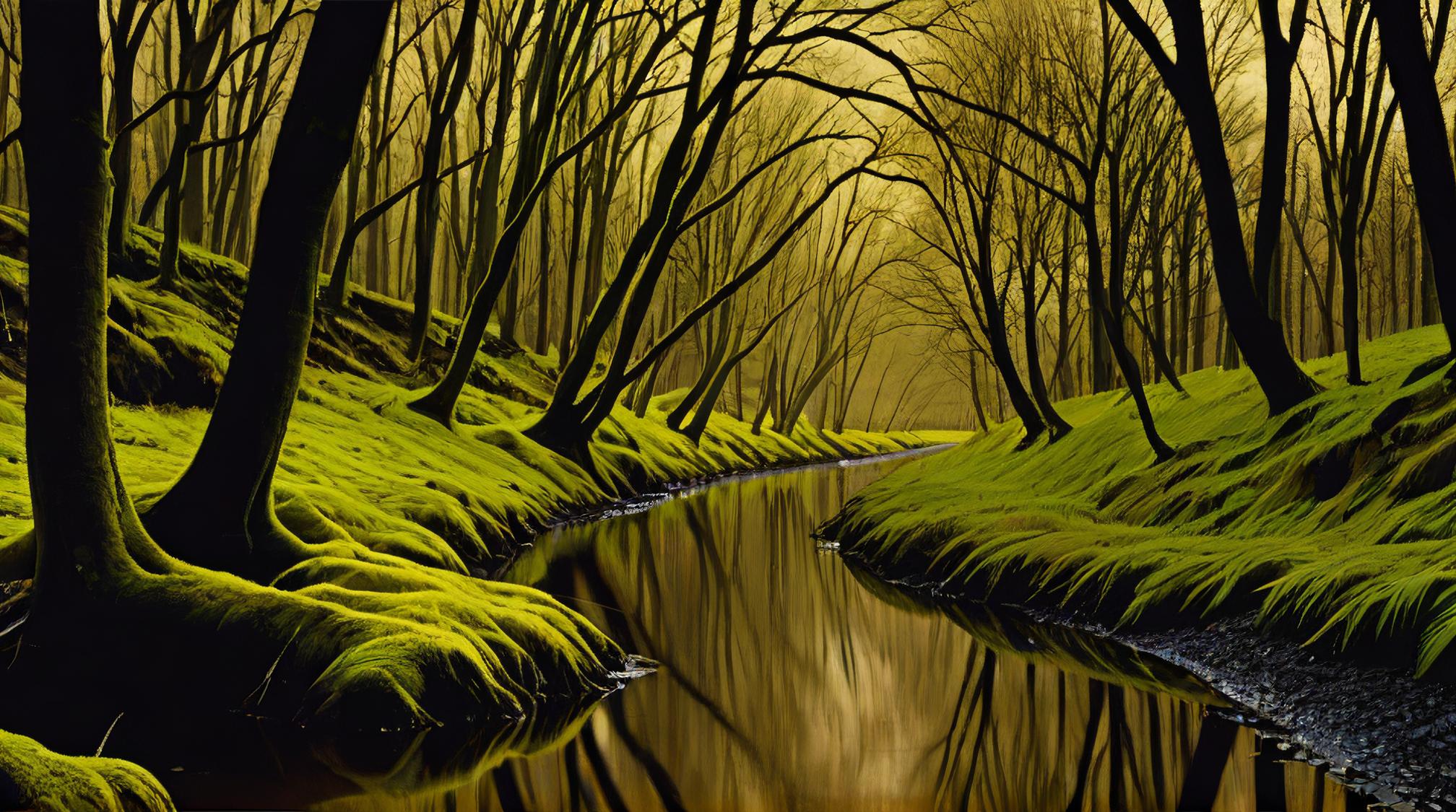 art by Fay Godwin, landscape of a Internally Glowing Riparian Zone, Well visualised, photo