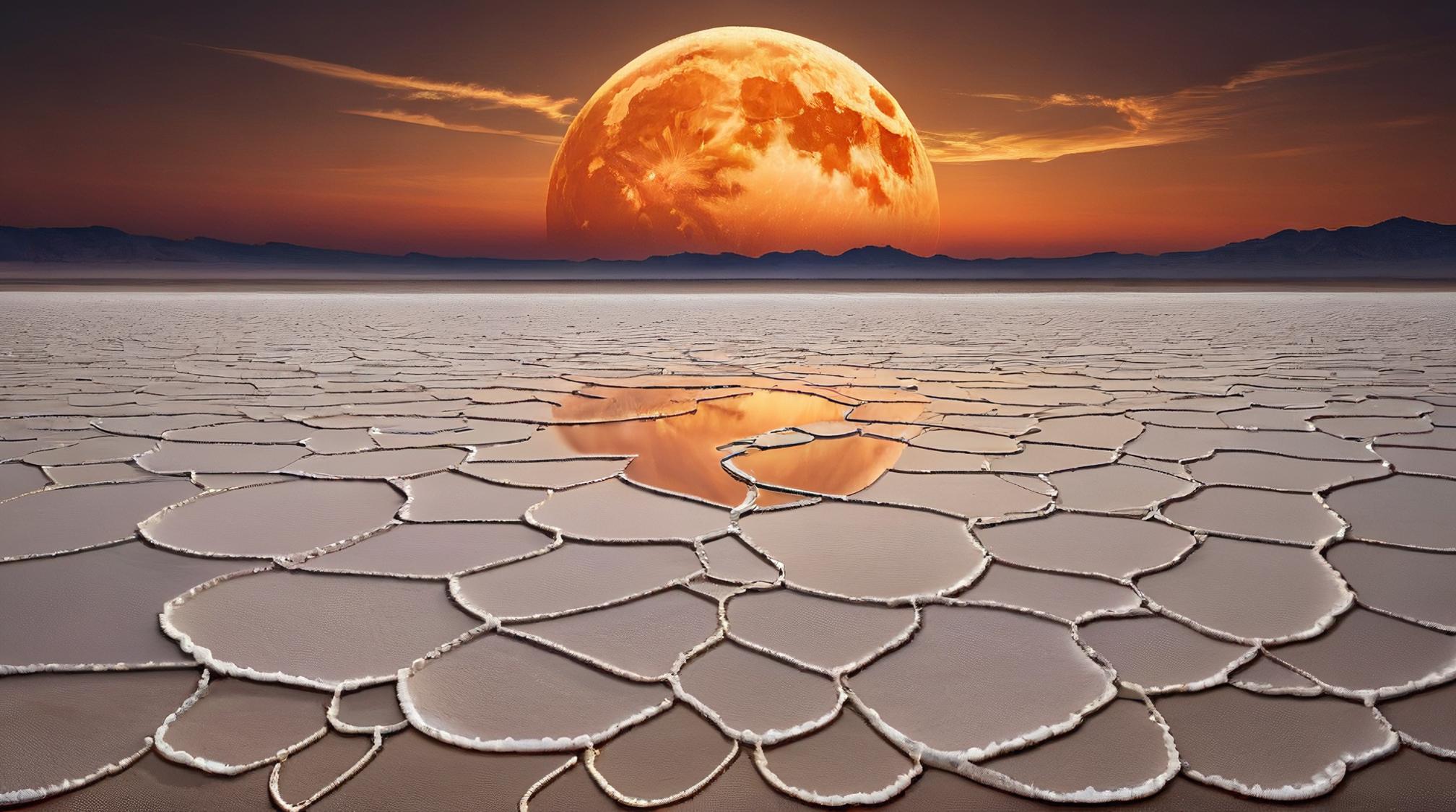 art by Mandy Disher , landscape of a Intricate Salt Flat and Lunar eclipse, Magic Realism, soft lighting