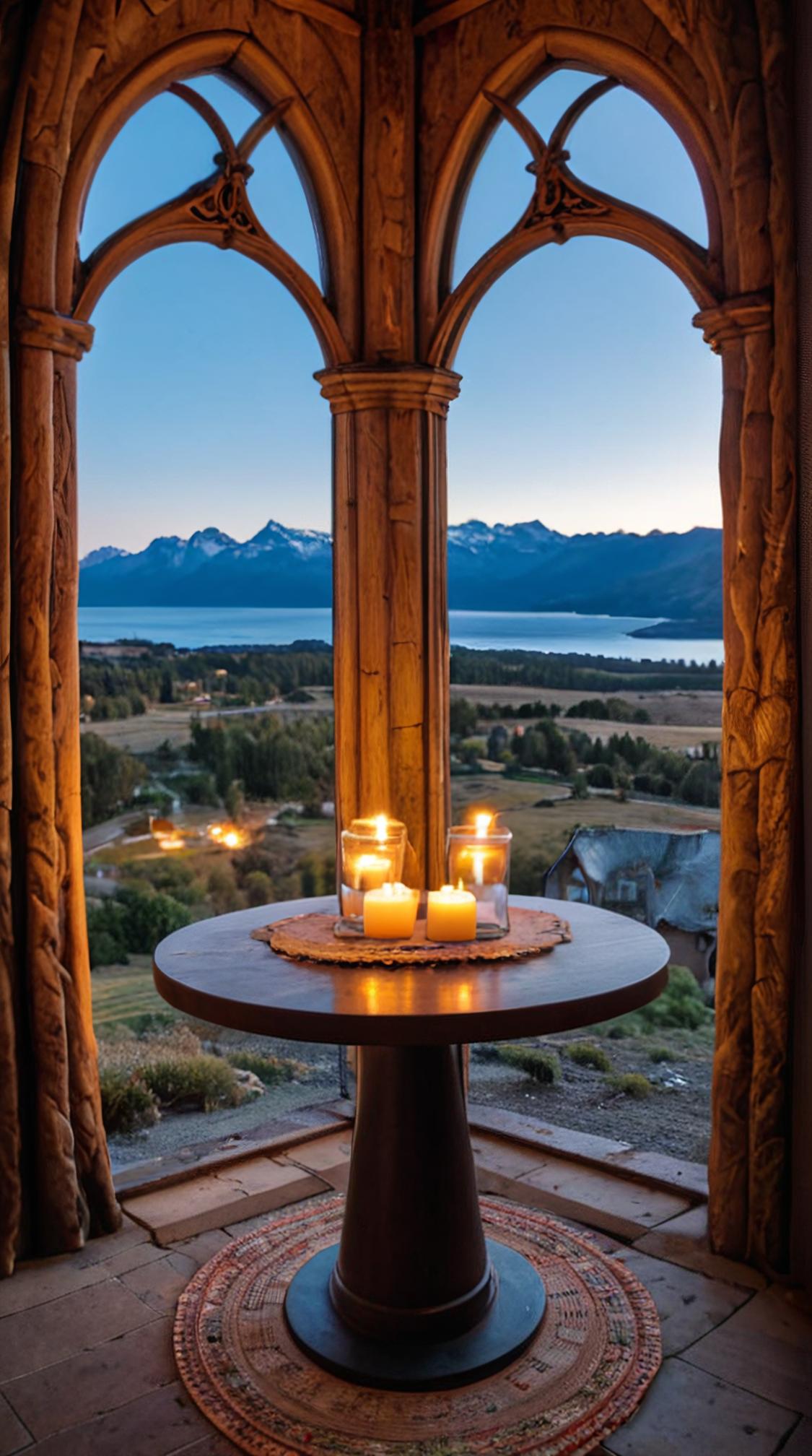 photograph, landscape of a S Bariloche from inside of a Wind turbine, designed by Vergvoktre, candlelit scenes