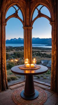 photograph, landscape of a S Bariloche from inside of a Wind turbine, designed by Vergvoktre, candlelit scenes
