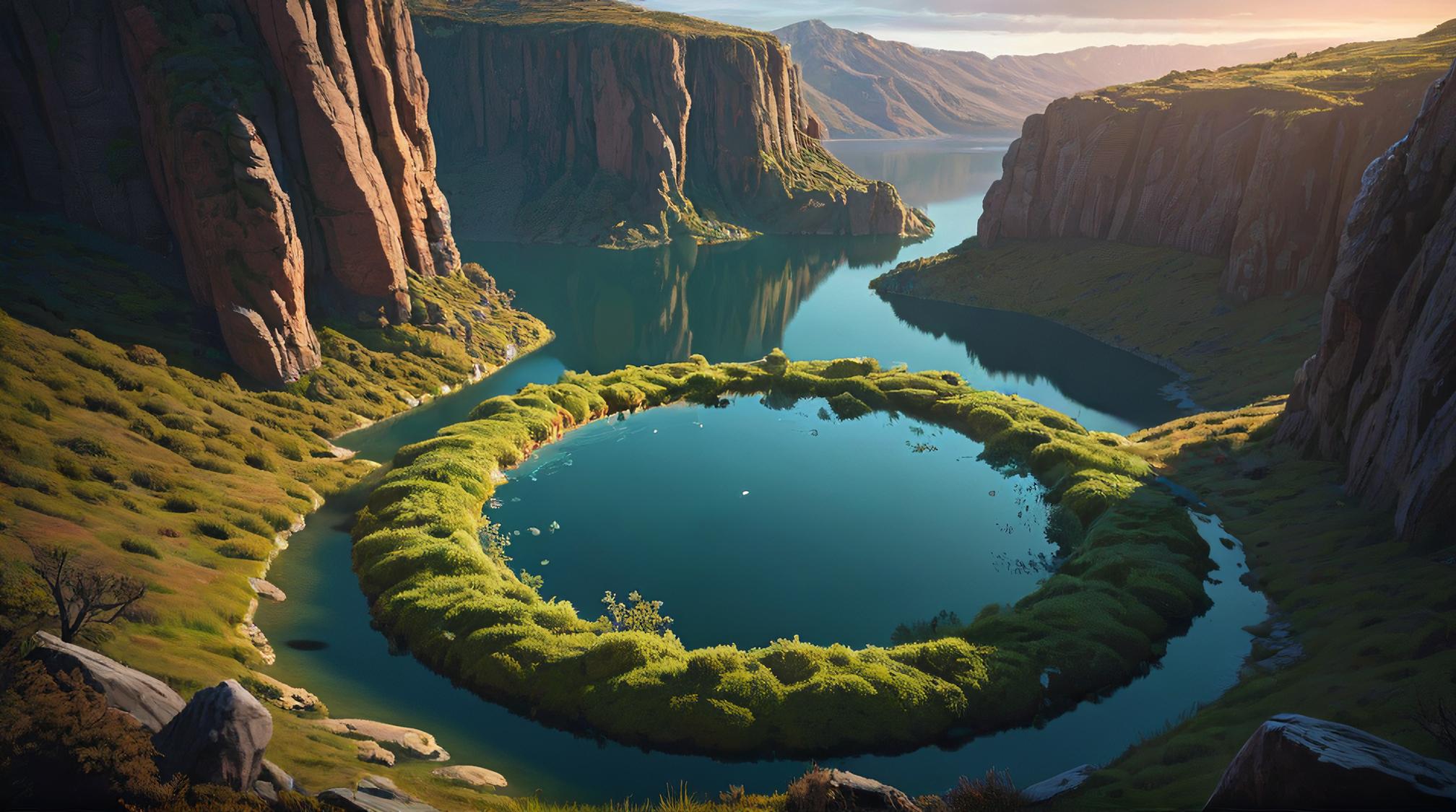 landscape of a Canyon Country Frozen Desert and Summoning Circle, Overgrown, inside of a Flirty Lake, hillside