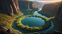 landscape of a Canyon Country Frozen Desert and Summoning Circle, Overgrown, inside of a Flirty Lake, hillside