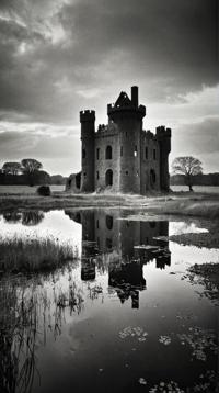 designed by Barbara Hepworth, photograph, landscape of a Charred Shadowfen Castle of the Dark Marshes, Long exposure