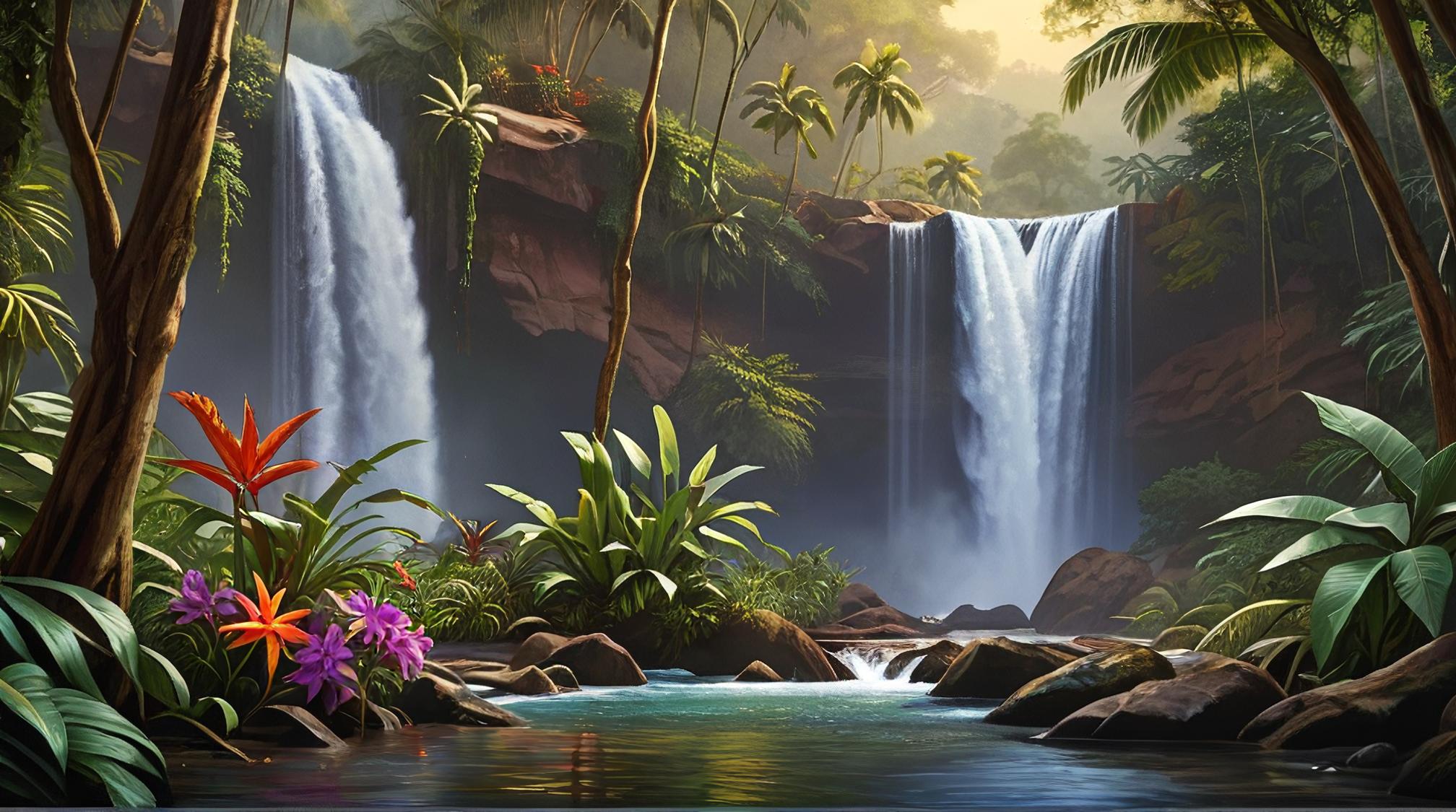 stylized by John Mckinstry and Vicente Romero Redondo, photograph, landscape of a Kampala and Enchanted waterfall, Realistic wildlife art
